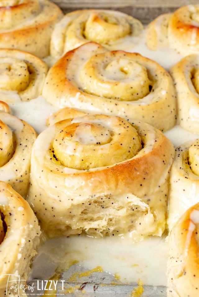 pan of lemon poppy seed sweet rolls with glaze