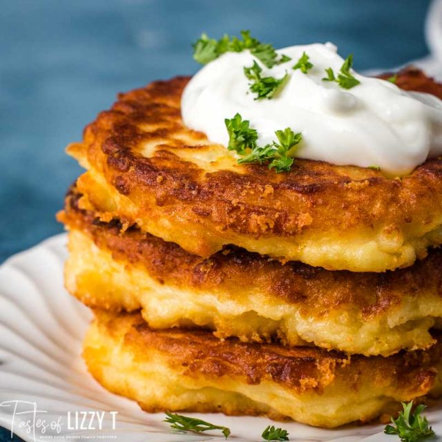 close up of golden brown stack of potato pancakes