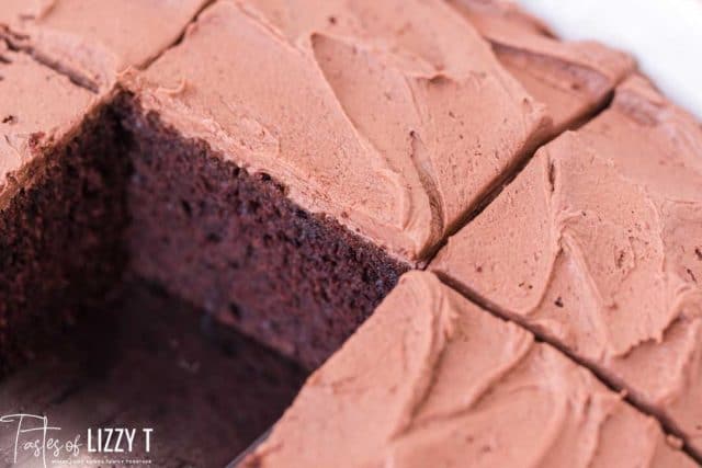 chocolate cake slices in a baking pan