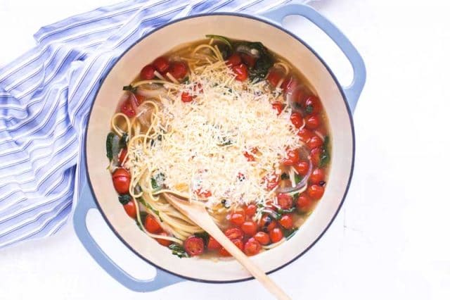 one pot pasta with shredded parmesan cheese