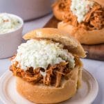 Slow Cooker BBQ Chicken sandwich with coleslaw