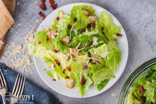 overhead view of plate of caesar salad