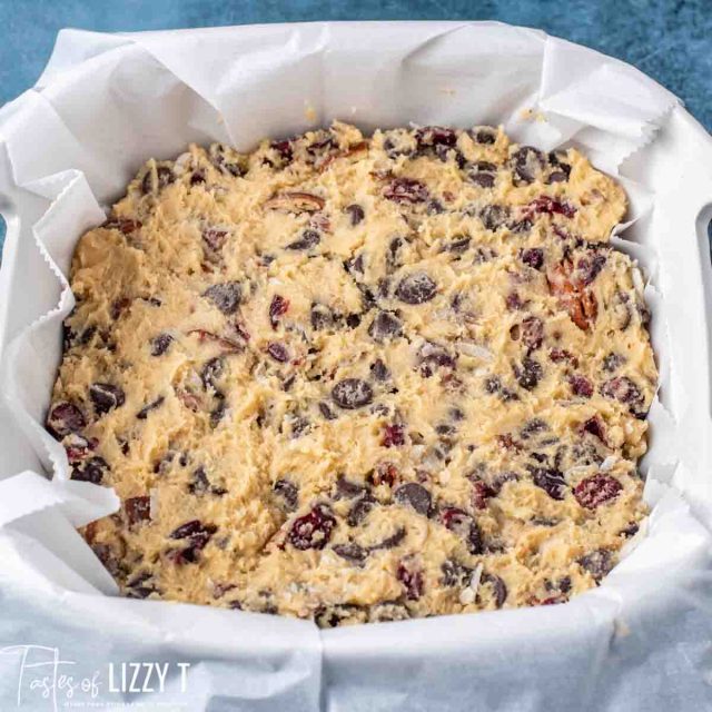 unbaked chocolate chunk cranberry coconut blondies in a baking pan