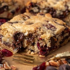 chocolate chunk cranberry coconut blondies with a bite out of it