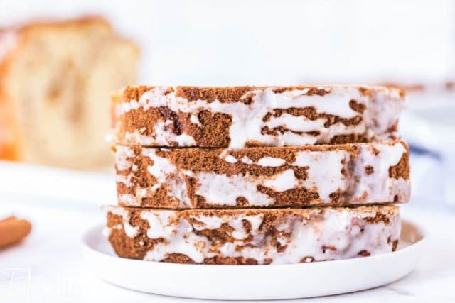 stack of three pieces of cinnamon roll quick bread