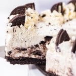 slice of no bake Oreo cheesecake in a spatula