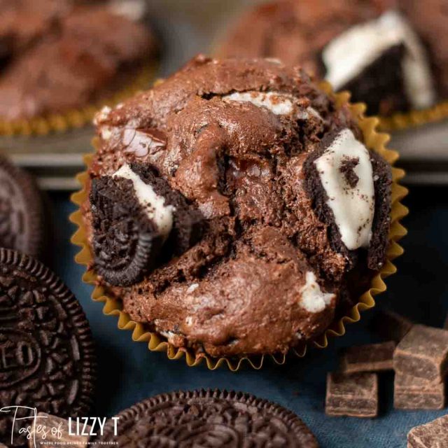 face on shot of chocolate muffin with oreos