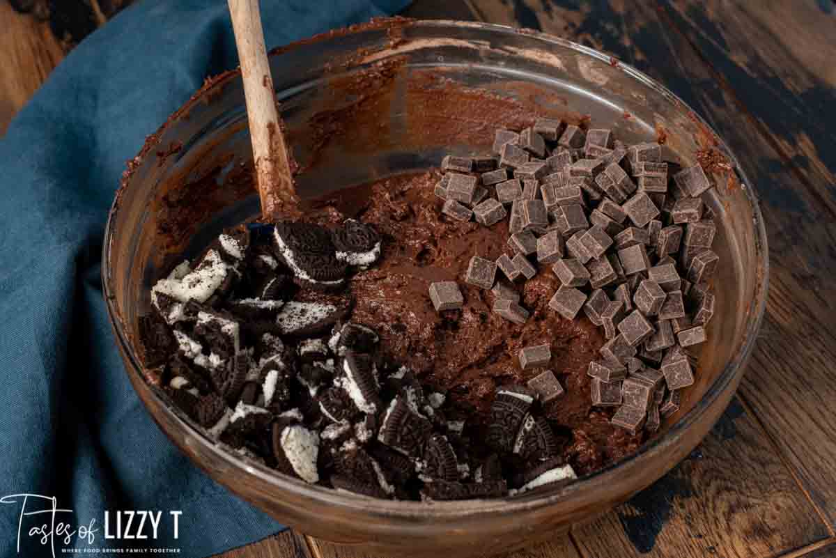 oreos and chocolate in muffin batter