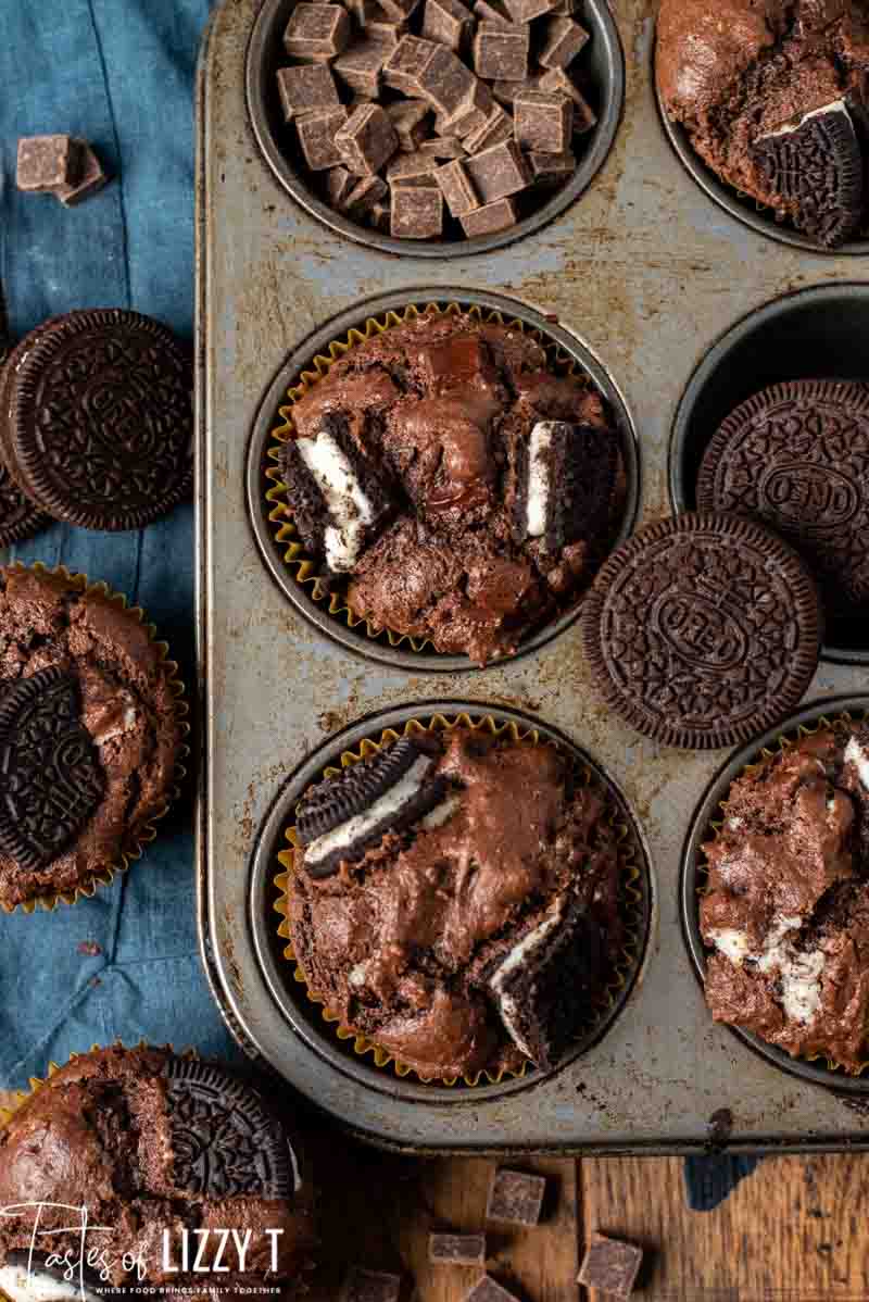 overhead shot of oreo muffins in muffin pan