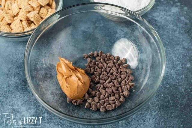 chocolate chips and peanut butter in a bowl