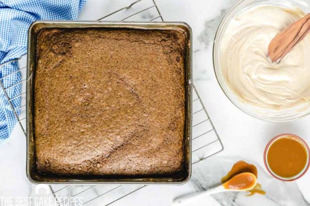 overhead shot of baked 8x8 crazy spice cake unfrosted