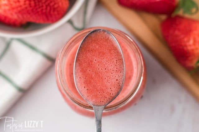 strawberry sauce on a spoon