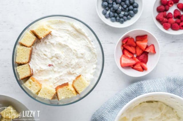 layered cake cubes in trifle dish