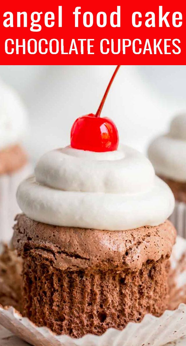 Chocolate angel food cupcakes with whipped cream frosting and topped with a cherry! This light dessert recipe is perfect for a dinner's finishing touch. via @tastesoflizzyt