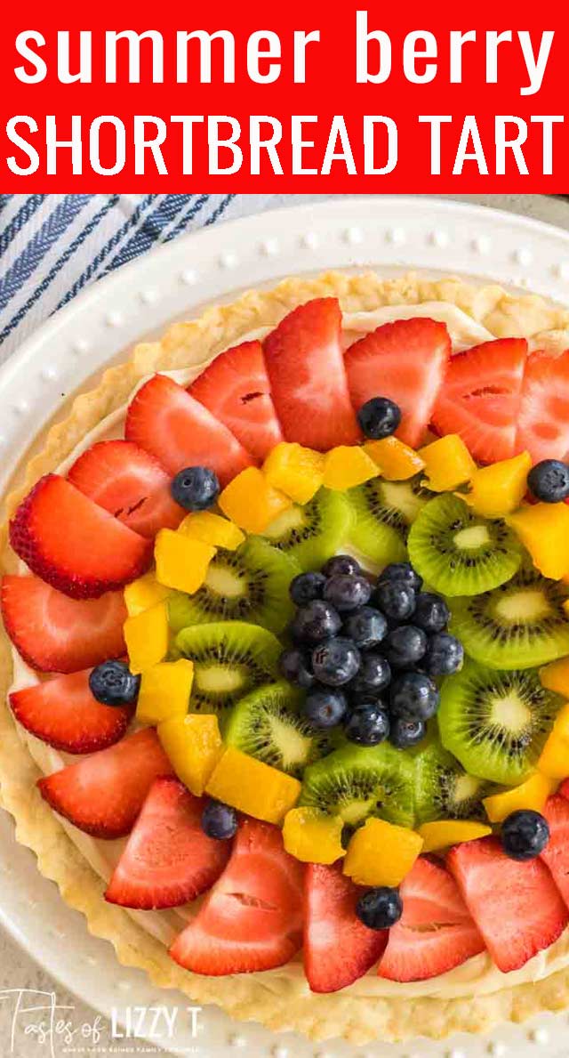 A buttery shortbread crust, sweet creamy base and loads of fresh fruit make up this summery fresh fruit tart. Perfect for picnics! via @tastesoflizzyt