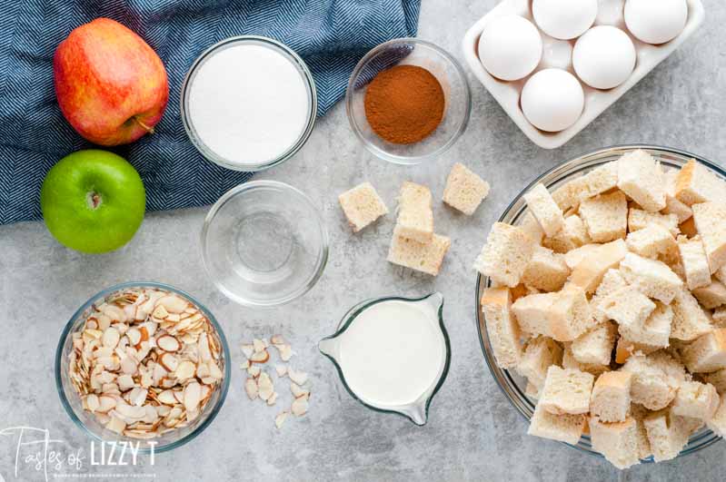 ingredients for almond apple bread pudding