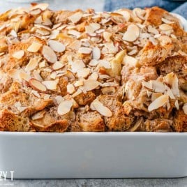 almond apple bread pudding in a casserole dish