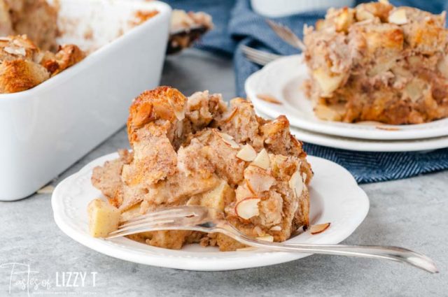 plate of almond apple bread pudding