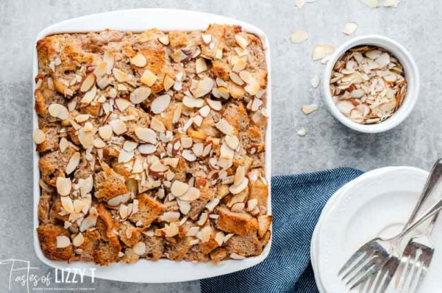 almond apple bread pudding in a 9x9 pan