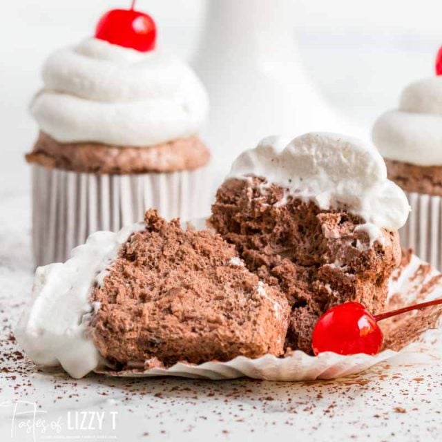 chocolate angel food cupcake cut in half