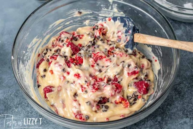 raspberry bread batter in a bowl