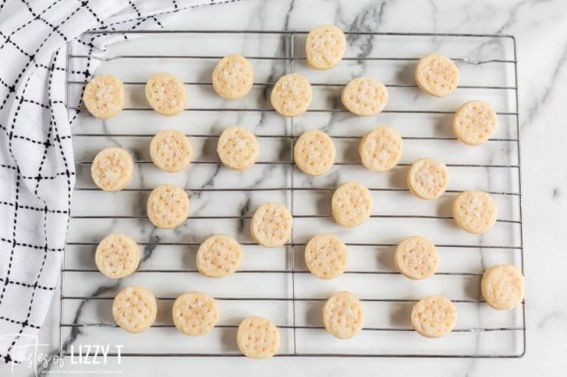 baked cream wafer cookies on a wire rack