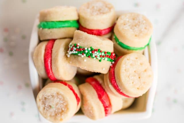 christmas cream wafer sandwich cookies in a bowl