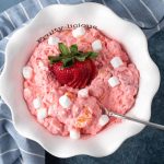 overhead view of strawberry fluff with marshmallows