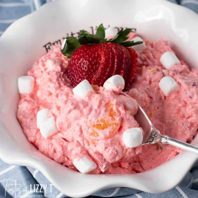 strawberry jello fluff in a bowl