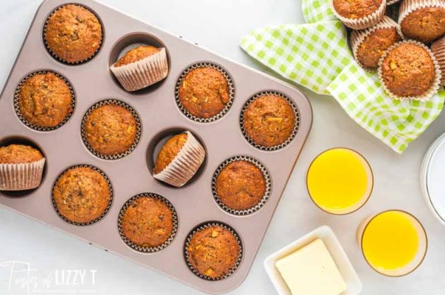 overhead view of morning glory muffins in a pan