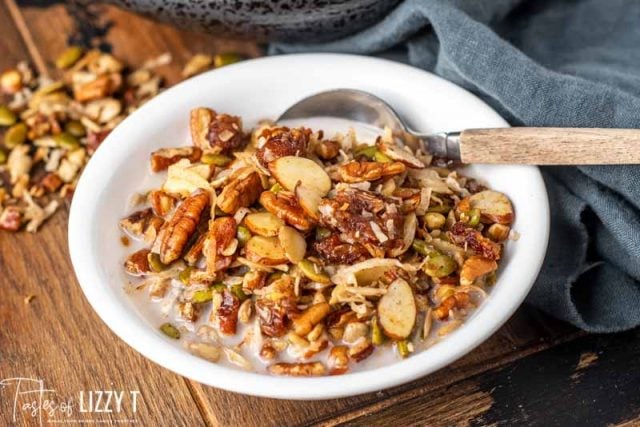 paleo granola with milk in a bowl