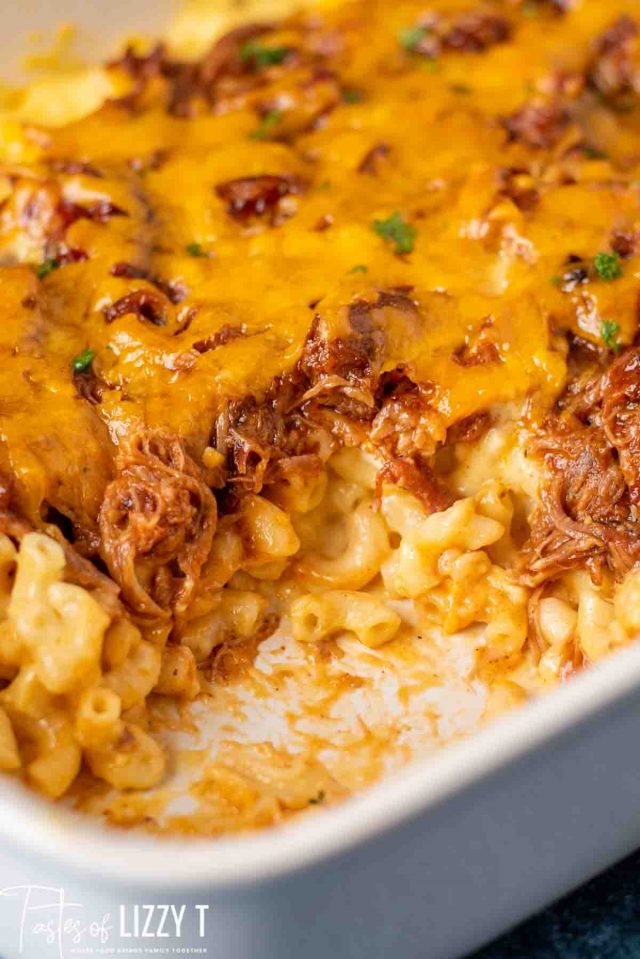 pulled pork mac and cheese in a casserole dish