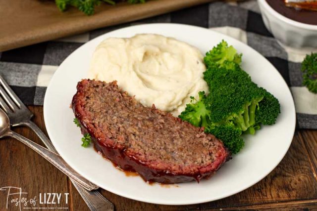 plate of meatloaf, potatoes and broccoli