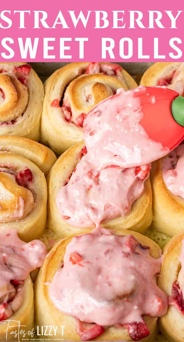 Strawberries for breakfast in a whole new way! Super soft strawberries and cream sweet rolls with fresh strawberry glaze will melt in your mouth. via @tastesoflizzyt