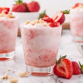 3 glass cups of strawberry fool