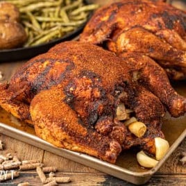 2 whole smoked chicken on a baking pan