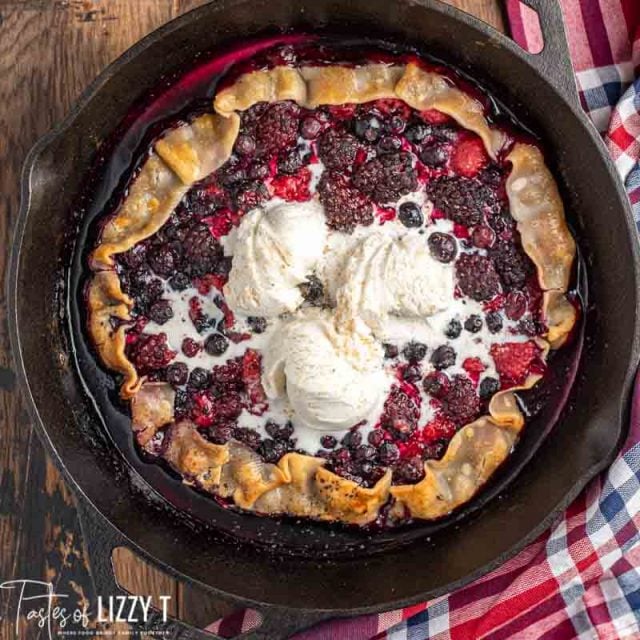 triple berry galette in a skillet