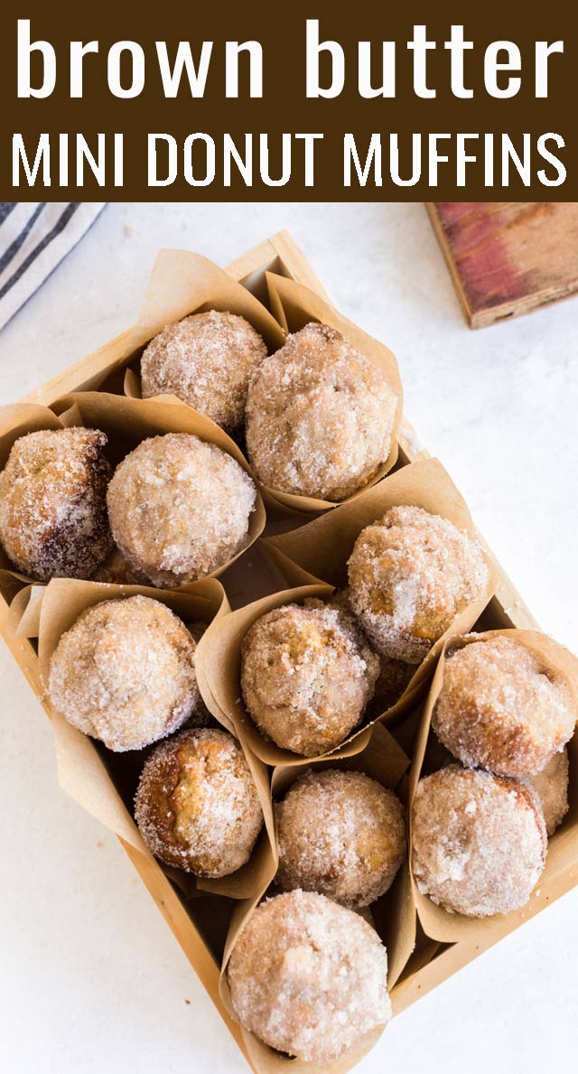 Mini brown butter donut muffins have a soft, moist interior with a slightly crisp exterior that has been dunked in melted butter and then rolled in a whole whack of cinnamon sugar goodness. via @tastesoflizzyt