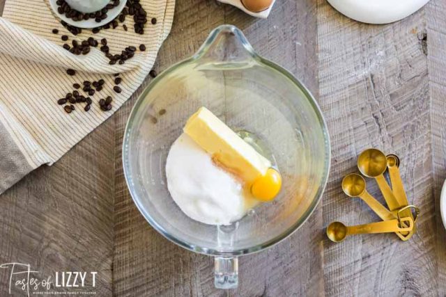 butter, sugar and egg in a mixing bowl