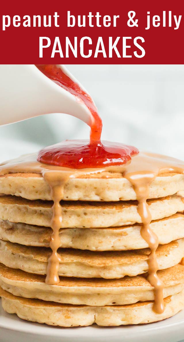 Peanut Butter and Jelly Pancakes...The favorite, classic sandwich turned into a breakfast treat. Heat your favorite type of jelly in the microwave to create a quick fruity syrup to pour over these peanut butter pancakes! via @tastesoflizzyt