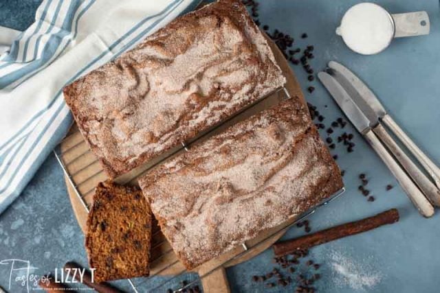 overhead view of two loaves of amish friendship zucchini bread