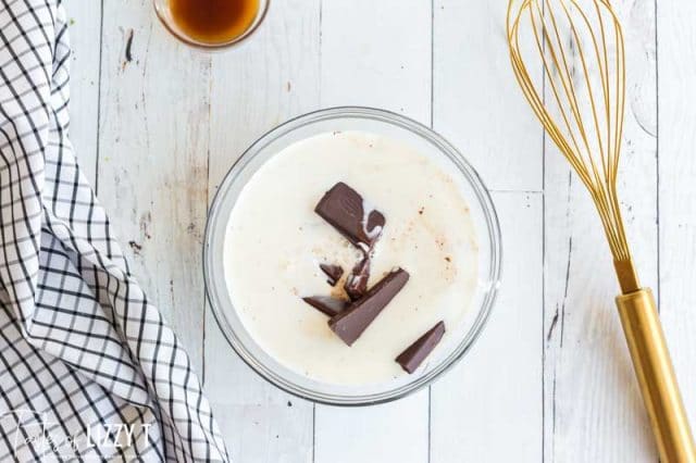 chocolate and heavy cream in a bowl