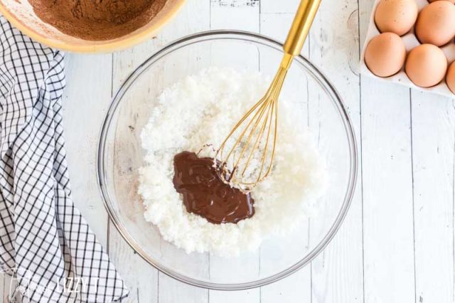 mixed chocolate into sugar for cake