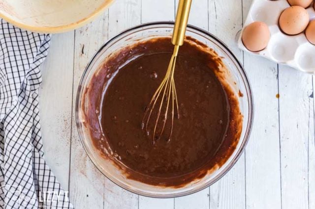 chocolate cake batter in a mixing bowl
