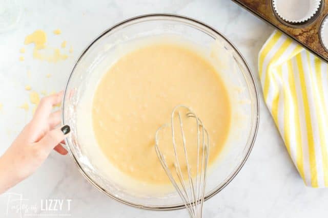 lemon cupcake batter in a mixing bowl