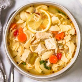 overhead shot of Lemon Basil Chicken Noodle Soup