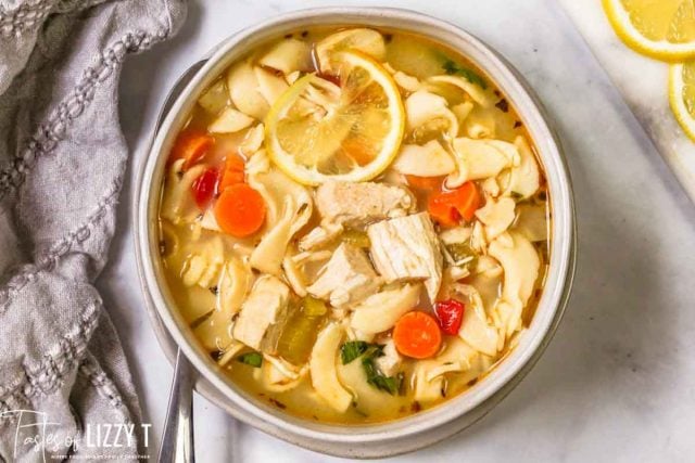 overhead shot of Lemon Basil Chicken Noodle Soup