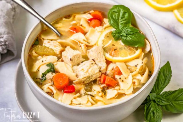 bowl of Lemon Basil Chicken Noodle Soup