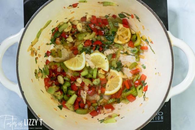 cooked veggies for soup in a saucepan