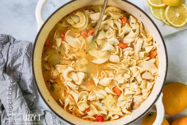 pan of Lemon Basil Chicken Noodle Soup